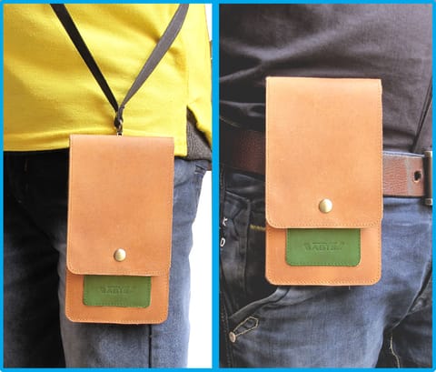 ABYS Genuine Leather Tan and Blue Mobile Holder for Men and Women