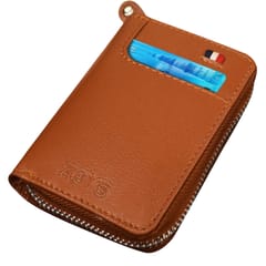 ABYS Genuine Leather RFID Protected Unisex Tan Card Wallet With Metallic Zip Closure-(IN202TN)
