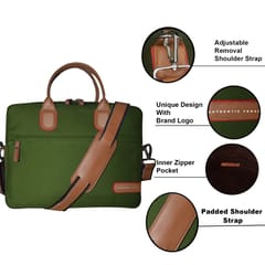 VEGAN Brown Leather & Green Fabric Laptop Messenger Bag For Women