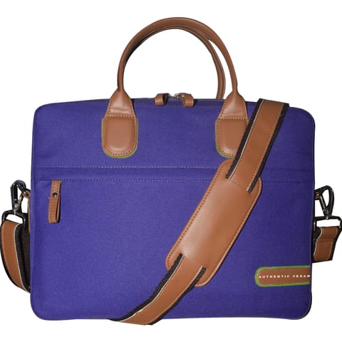VEGAN Brown Leather & Navy Blue Fabric Laptop Messenger Bag For Women