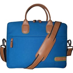 VEGAN Brown Leather & Sky Blue Fabric Laptop Messenger Bag For Women