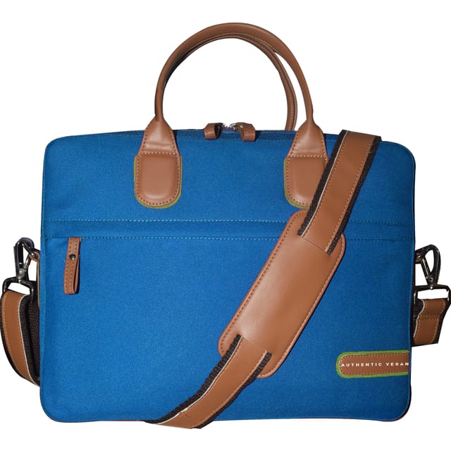 VEGAN Brown Leather & Sky Blue Fabric Laptop Messenger Bag For Women