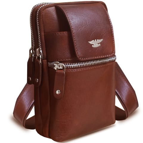 ABYS Genuine Leather Brown Tan Vertical Passport/Mobile Pouch Cum Waist Bag for Men & Women
