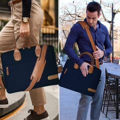 VEGAN Brown Leather & Blue Fabric Laptop Messenger Bag For Women
