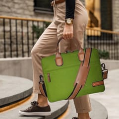 VEGAN Brown Leather & Light Green Fabric Laptop Messenger Bag For Women