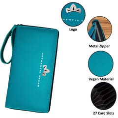 VEGAN Leather Teal RFID Protected Metallic Zipper 27 Card Slots Debit/Credit Card Holder Wallet for Women