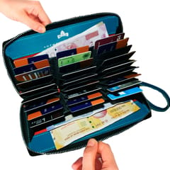 VEGAN Leather Teal RFID Protected Metallic Zipper 27 Card Slots Debit/Credit Card Holder Wallet for Women