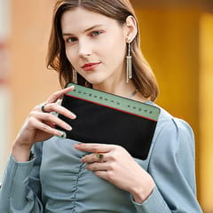 VEGAN Sea Green Artificial Leather & Black Canvas RFID Protected Long Card Holder Wallet