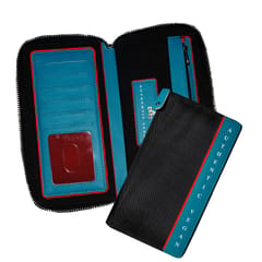 VEGAN Teal Artificial Leather & Black Canvas RFID Protected Long Card Holder Wallet