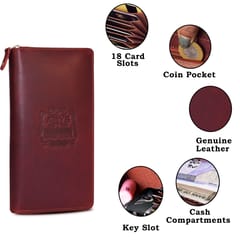 ABYS Hunter Leather Wine Long Credit Card Holder for Men & Women | RFID Protection | Unisex Card Wallet with Key Slot