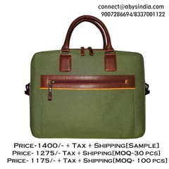 Upto 14 Inch Canvas & Genuine Leather Green Laptop Bag
