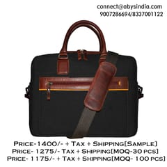 Upto 14 Inch Canvas & Genuine Leather Black Laptop Bag