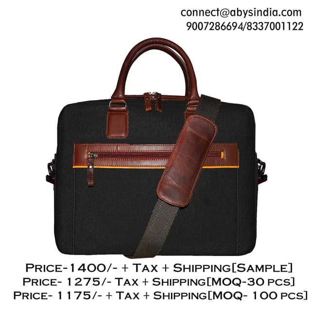 Upto 14 Inch Canvas & Genuine Leather Black Laptop Bag