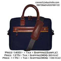 Upto 14 Inch Canvas & Genuine Leather Blue Laptop Bag