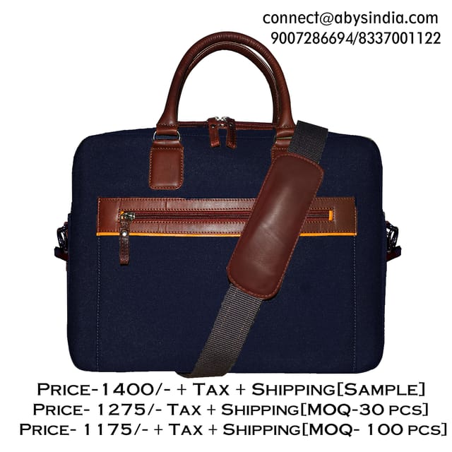 Upto 14 Inch Canvas & Genuine Leather Blue Laptop Bag