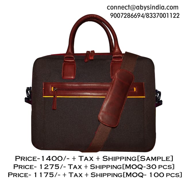 Upto 14 Inch Canvas & Genuine Leather Coffee Laptop Bag
