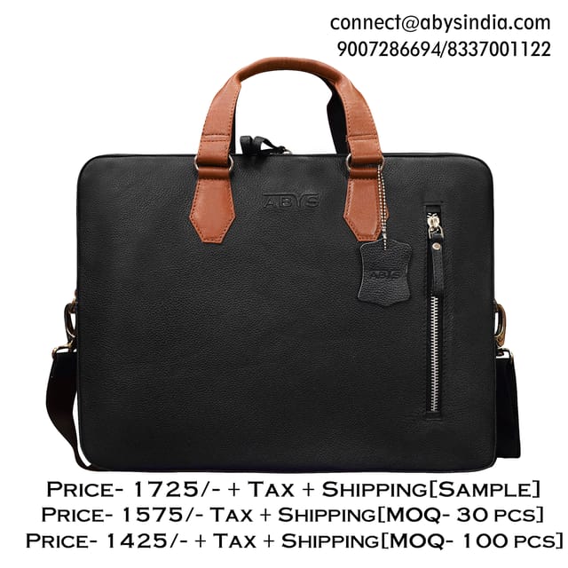 Genuine Leather 14 Inch Black & Tan Laptop Bag