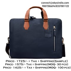Genuine Leather 14 Inch Blue & Tan Laptop Bag