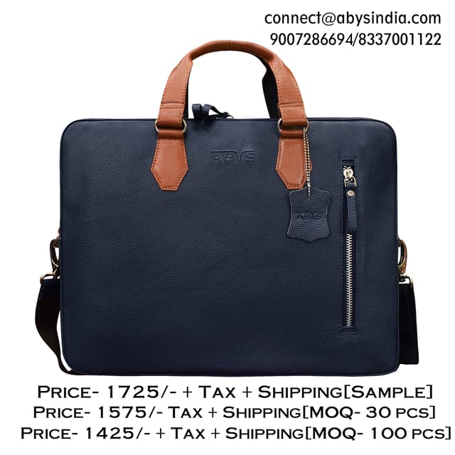 Genuine Leather 14 Inch Blue & Tan Laptop Bag