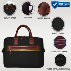 Upto 14 Inch Canvas & Genuine Leather Black Laptop Bag