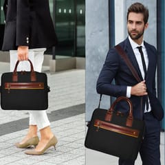 Upto 14 Inch Canvas & Genuine Leather Black Laptop Bag