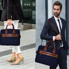 Upto 14 Inch Canvas & Genuine Leather Blue Laptop Bag