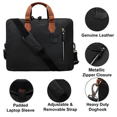Genuine Leather 14 Inch Black & Tan Laptop Bag