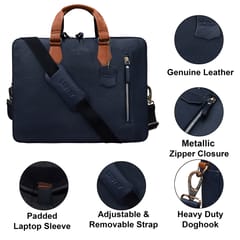 Genuine Leather 14 Inch Blue & Tan Laptop Bag
